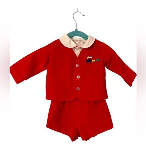 Vintage Layette 3 Piece Red Piping on Shirt, Overalls, Jacket w/Train Size 6/9mo - Picture 1 of 12